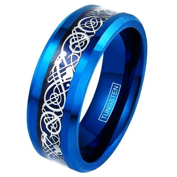 Men's Wedding Band Ring - Blue Celtic Dragon Carbon Fiber - Wedding Rings - Picture 1 of 6